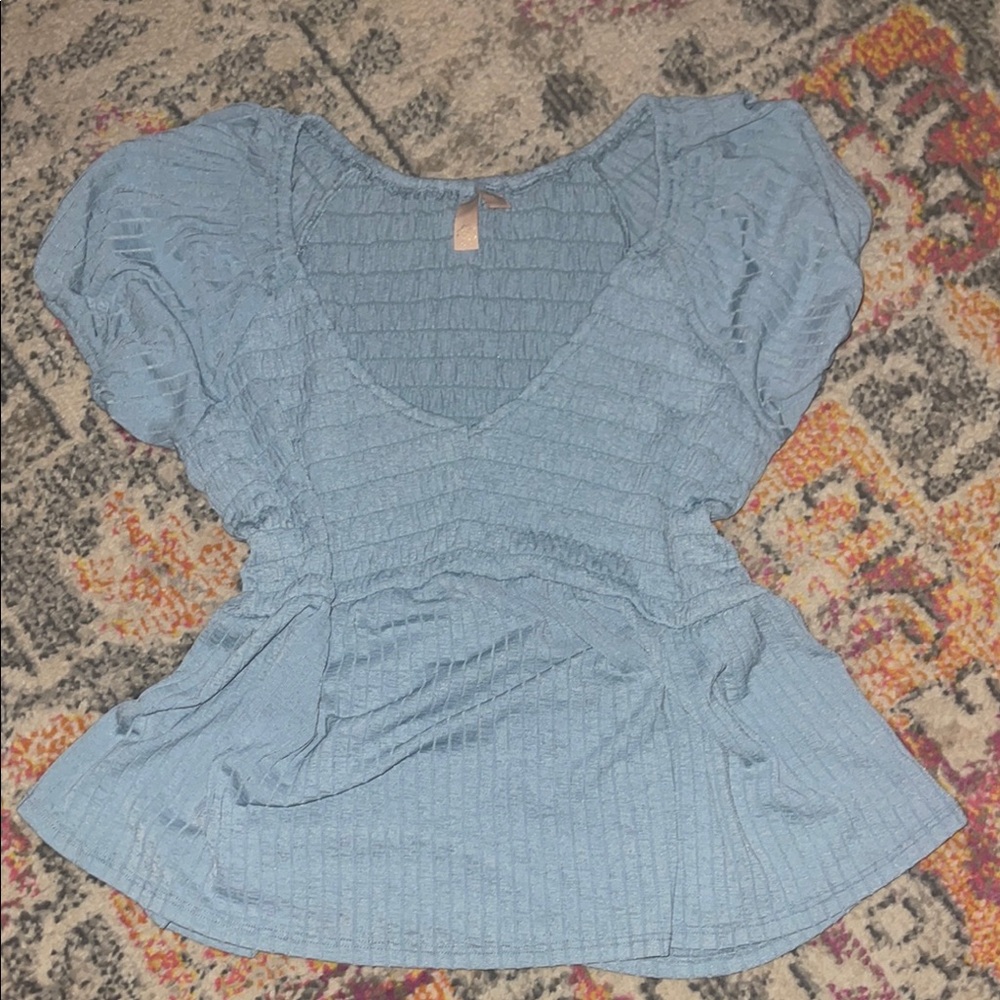 Blue Textured Short Sleeve Top